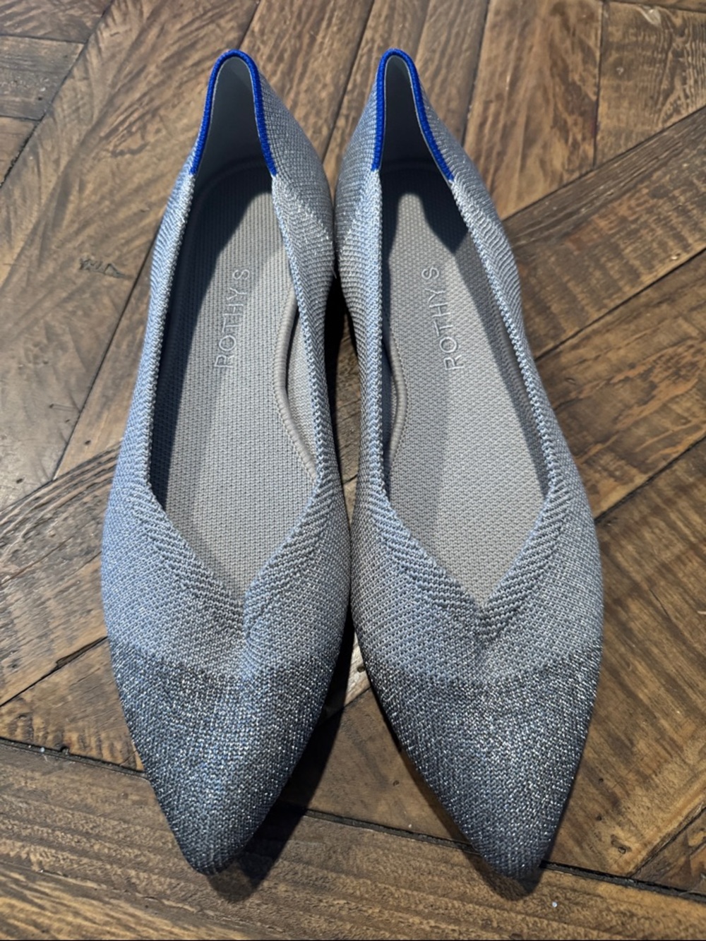Rothy's Women's Pointed Knit Flats — Light Gray with Blue Trim